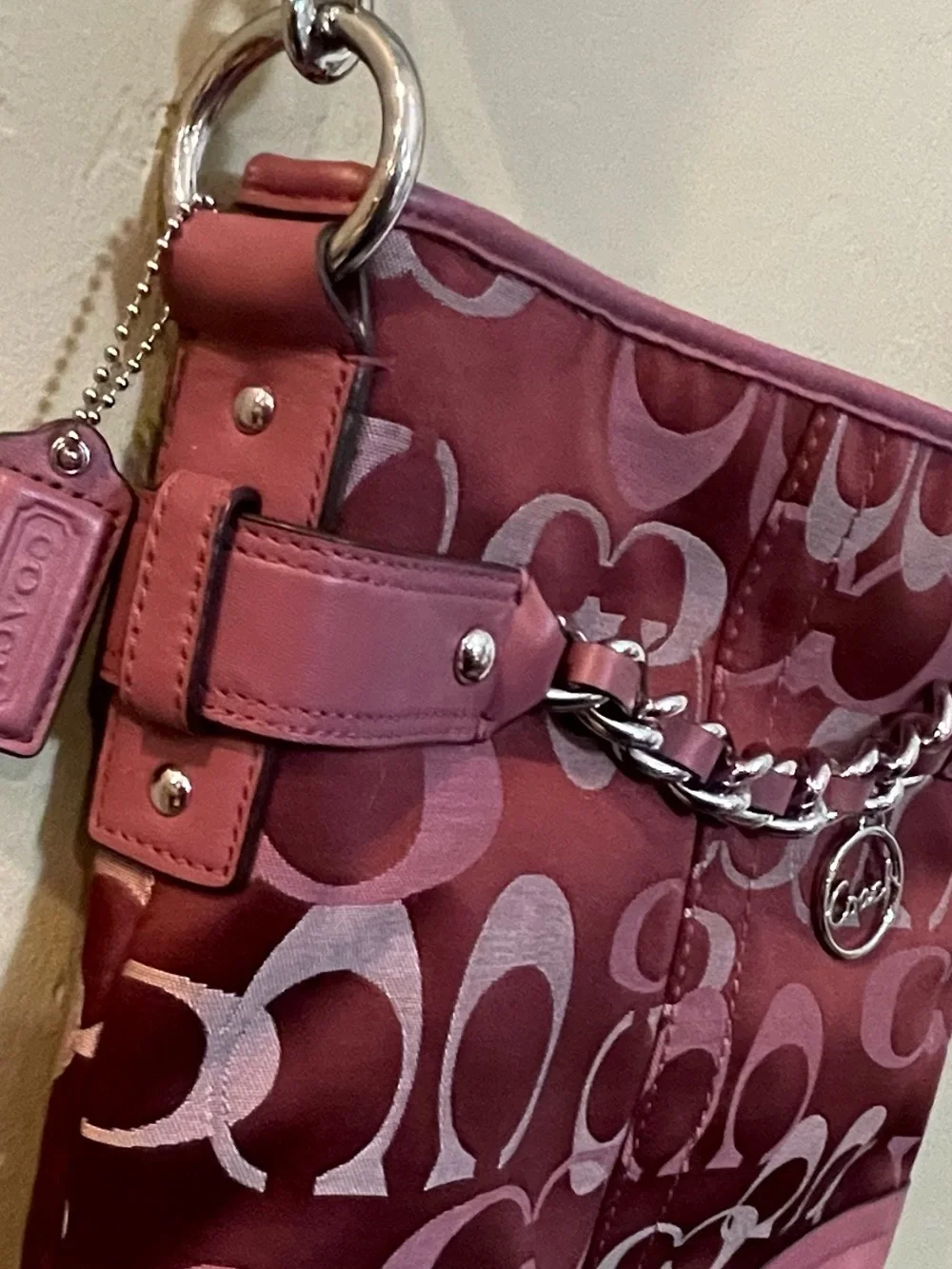 Berry pink mauve Signature-Print Crossbody Shoulder Bag sateen leather silver